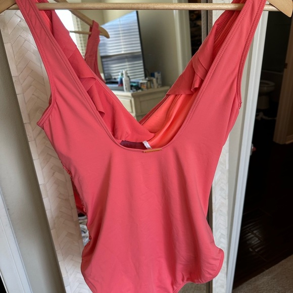 Ralph Lauren Coral Ruched V-Neck One Piece Swimsuit - Picture 7 of 7